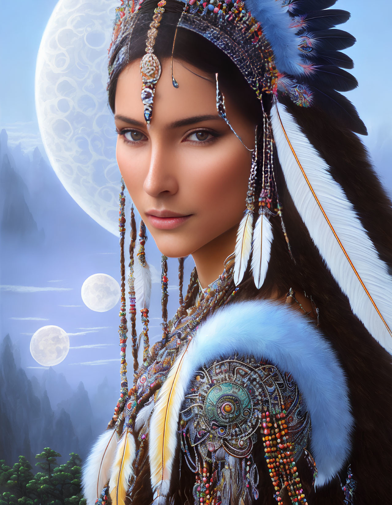 Woman in Native American headdress against mountain backdrop with multiple moons