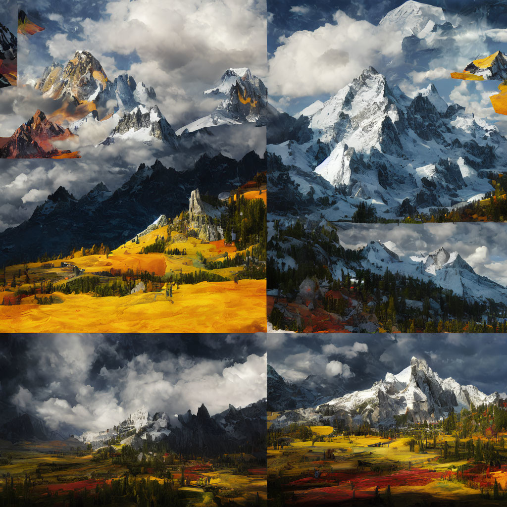 Eight picturesque mountain landscapes in various seasons and times of day with vibrant colors and dramatic skies.