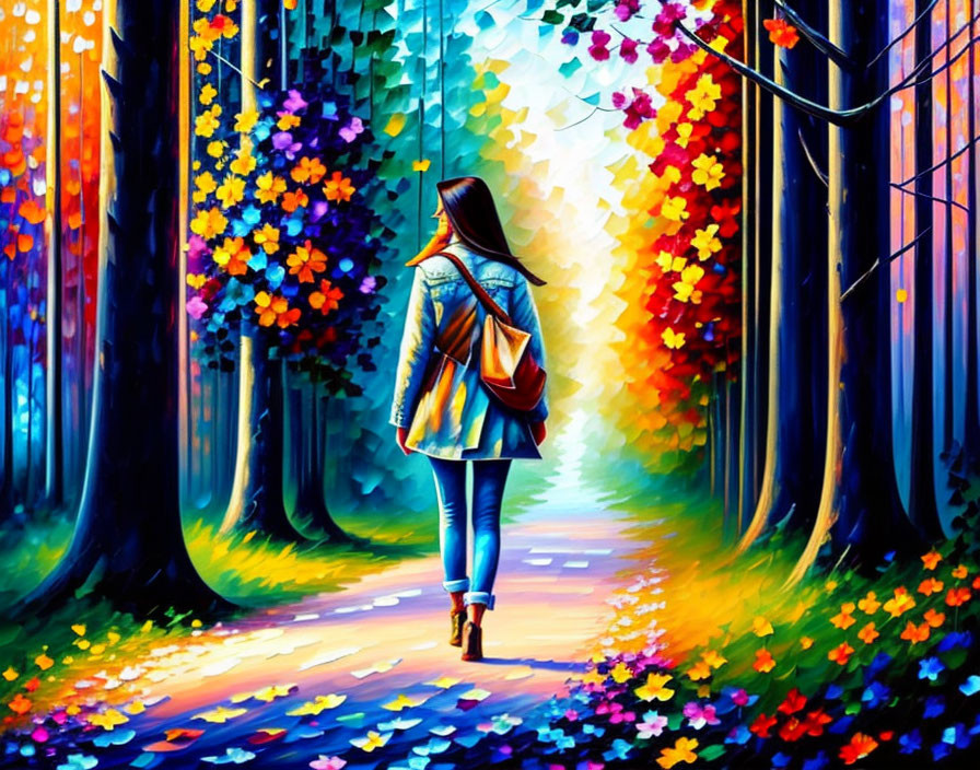 Vibrant Path with Trees, Leaves, and Flowers