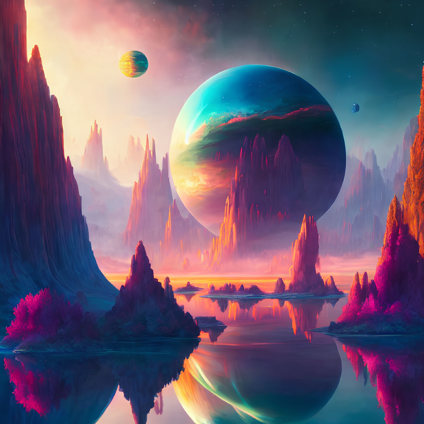 Colorful Alien Vegetation, Majestic Rocks, Reflective Water: Sci-Fi Landscape with Planets