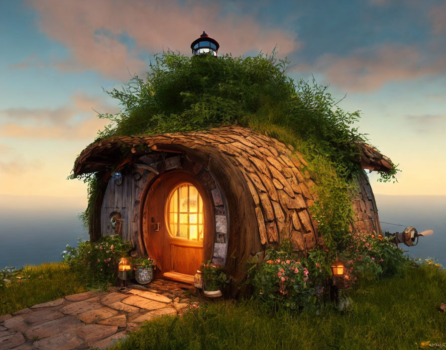 Round hilltop house with grassy roof, stone walls, warm doorway, lush greenery, and