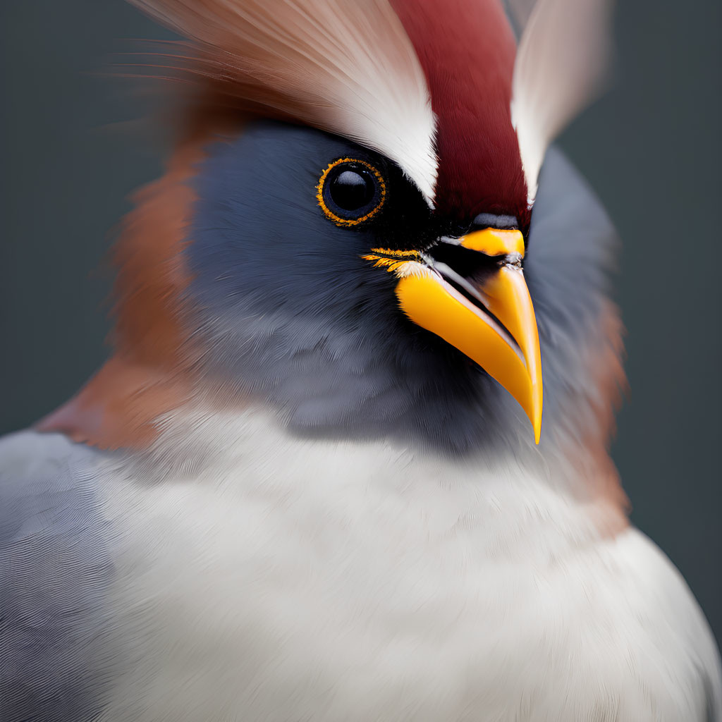 Colorful bird with crest, orange beak, and sharp eyes on grey background