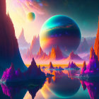 Colorful Alien Vegetation, Majestic Rocks, Reflective Water: Sci-Fi Landscape with Planets