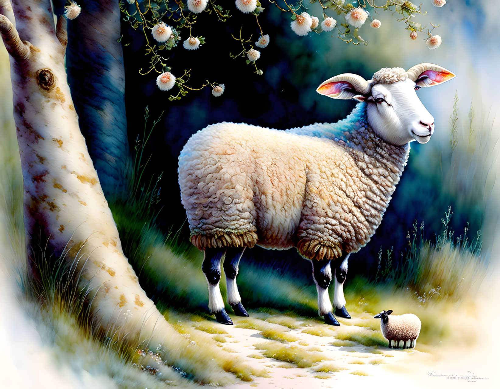 Whimsical oversized sheep with smaller sheep in nature landscape