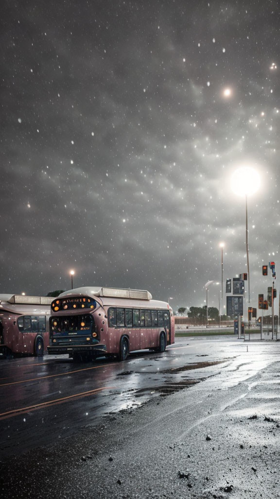 Nighttime snowfall bus stop scene with wet pavement and streetlights