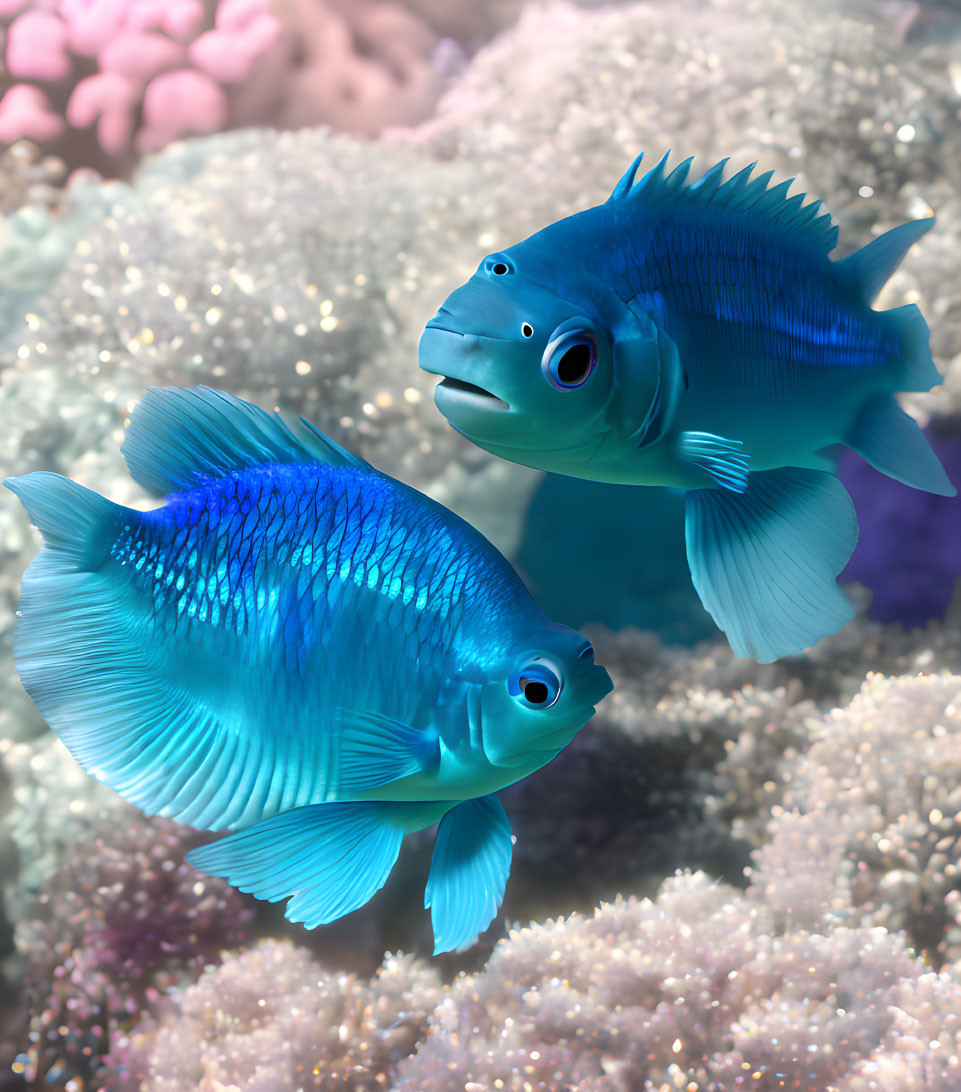 Vibrant blue fish with scales and fins near coral in clear water