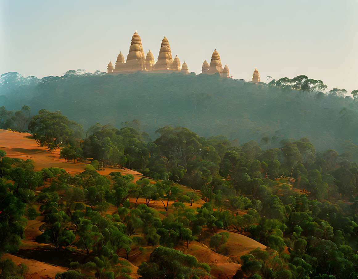 Majestic multi-spired temple in green forest at sunrise