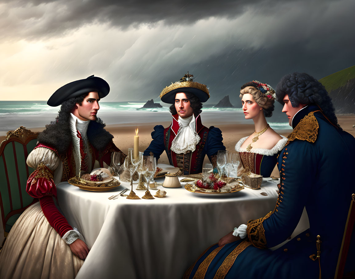 Aristocratic individuals in 18th-century attire dining on a beach with stormy skies