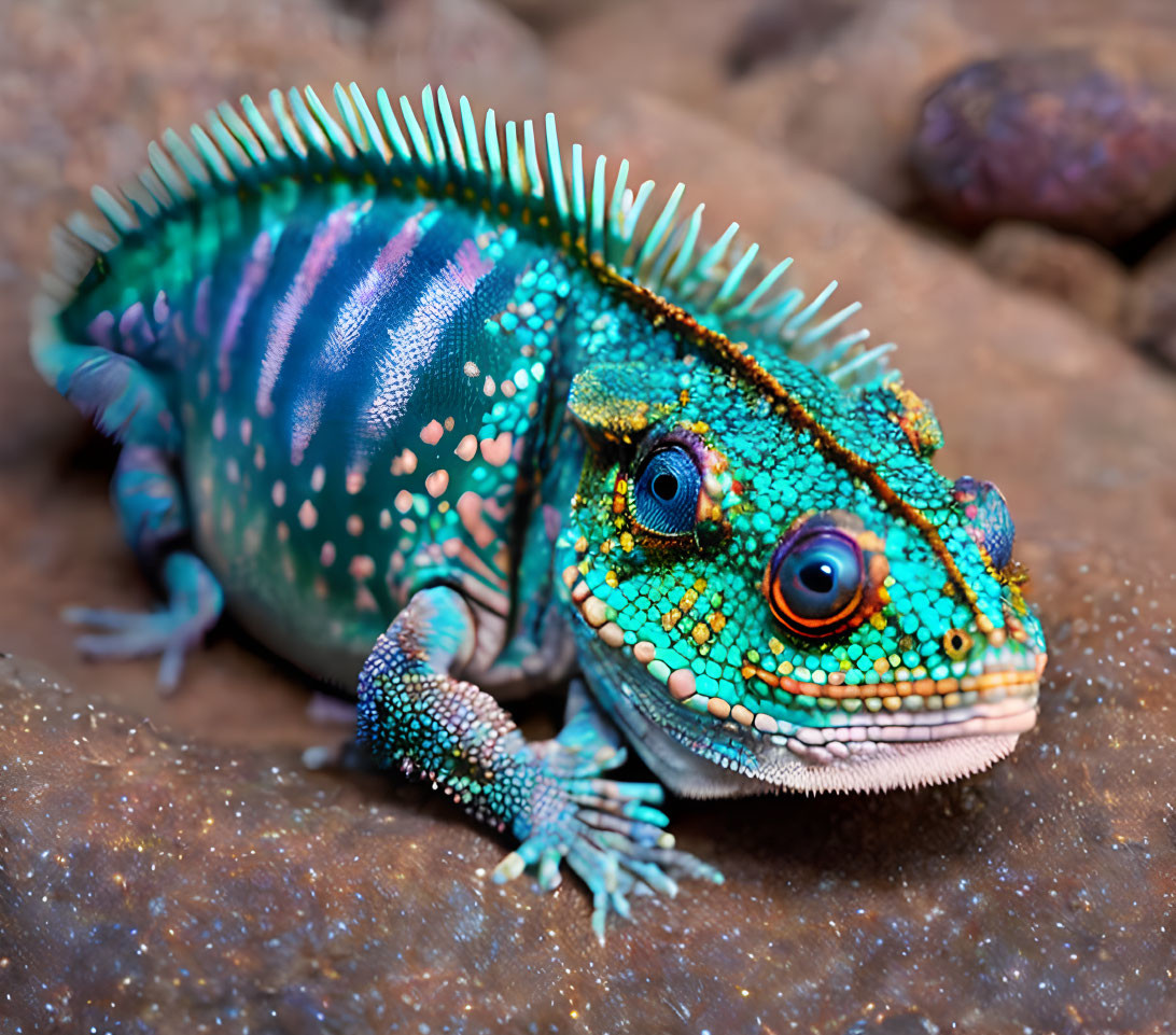 Colorful lizard with blue and green scales and spiky ridge on rocky surface