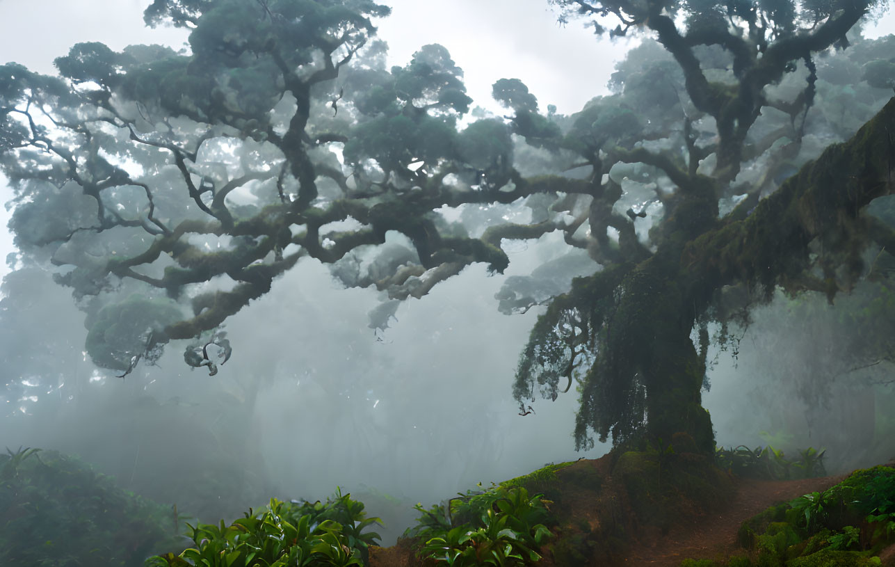 Lush Greenery in Misty Forest with Moss-Covered Trees