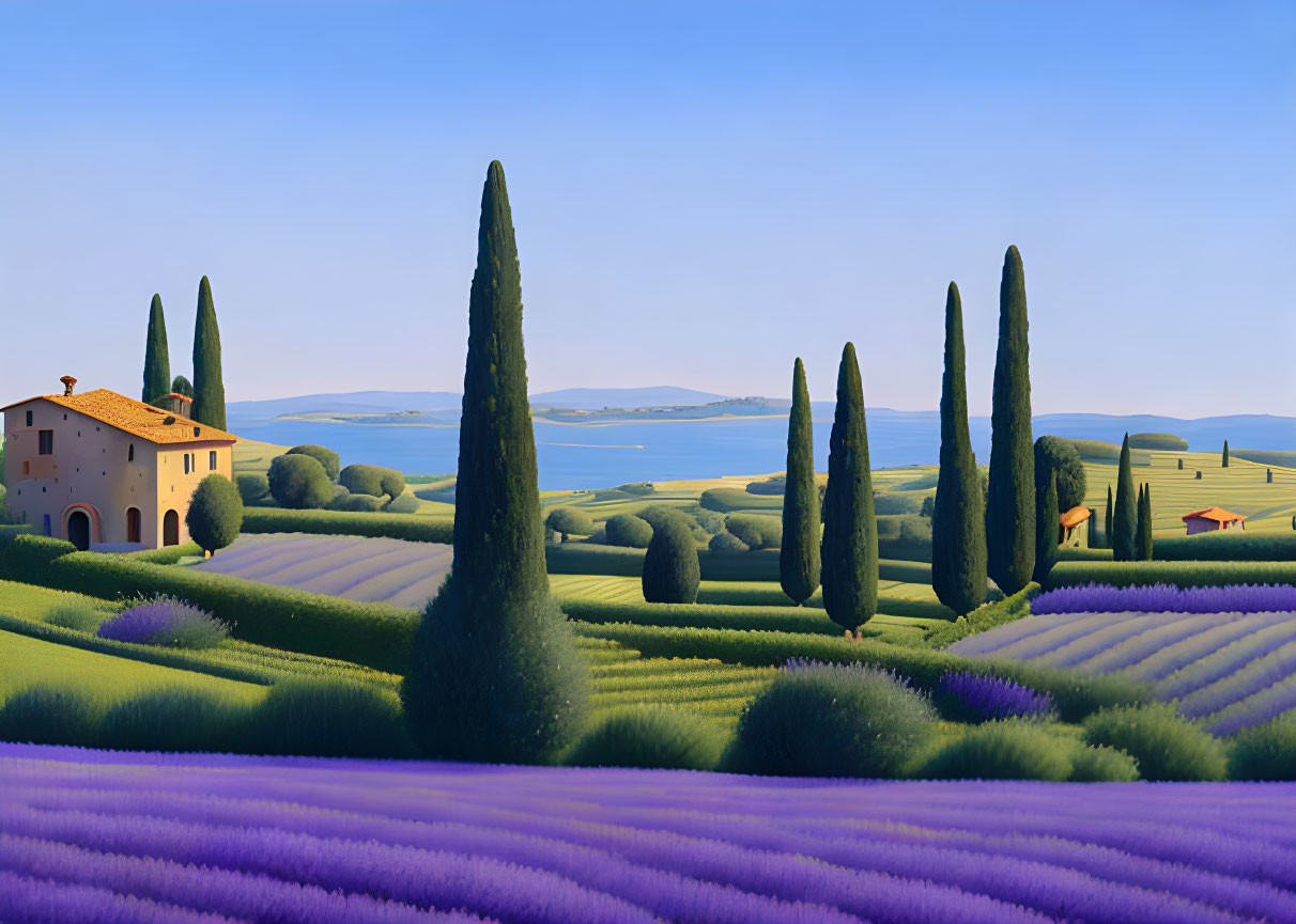 Villa surrounded by cypress trees in lavender fields