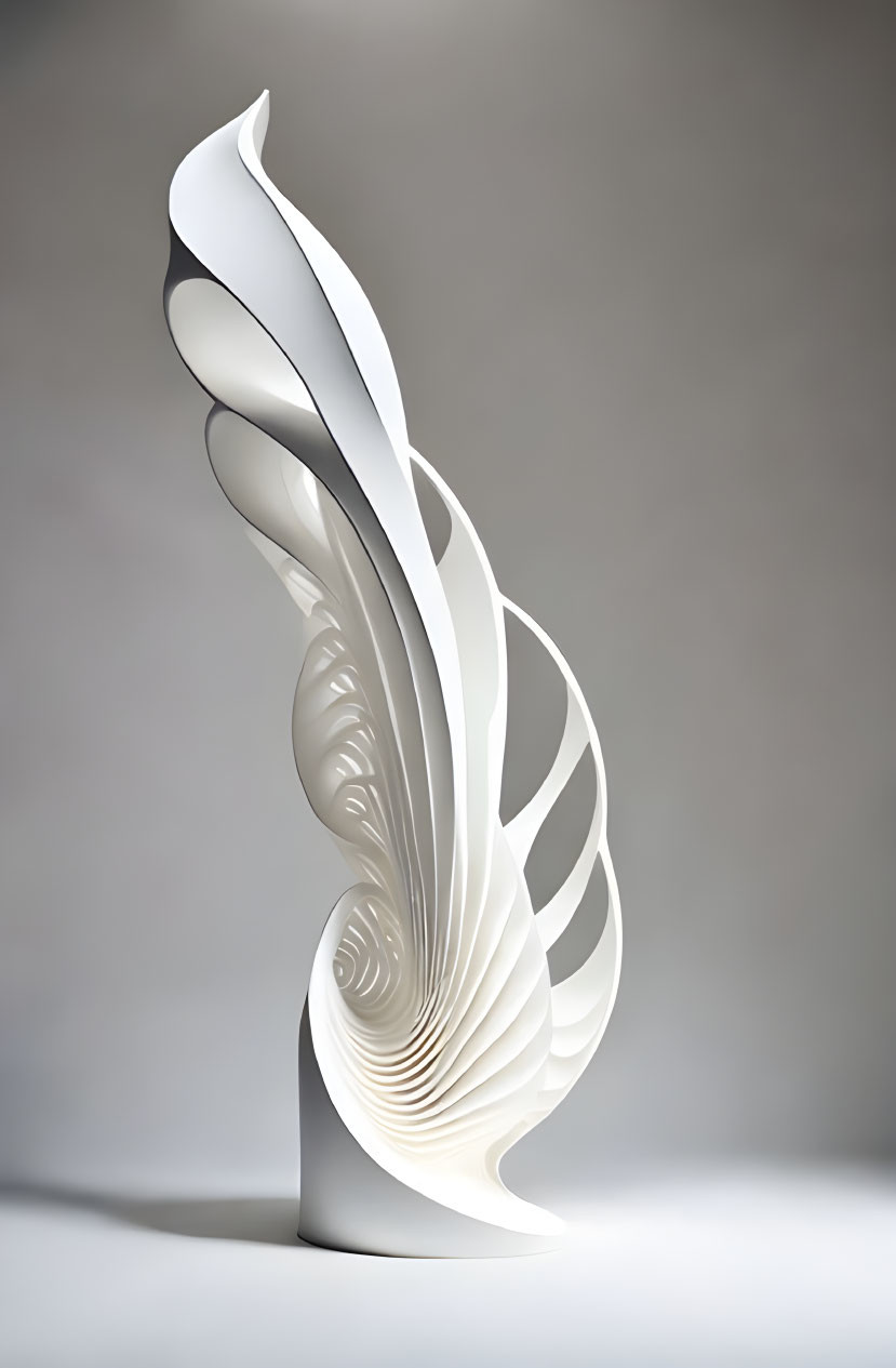 Spiraling white paper sculpture on gray background