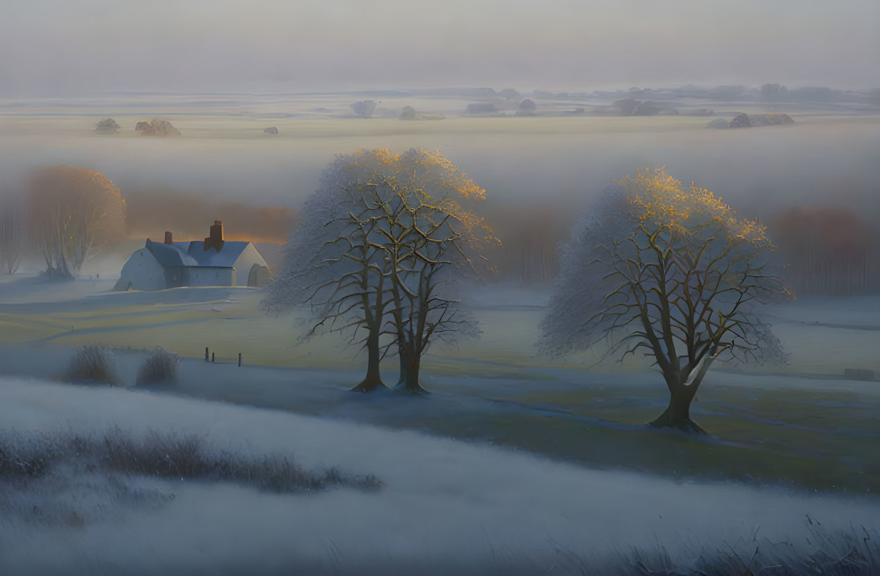 Tranquil landscape with two sunlit trees and misty field view