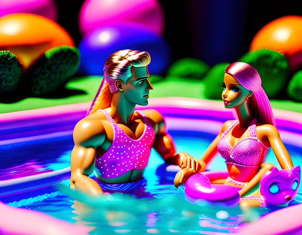 Colorful dolls in neon-lit pool with balls, chatting.