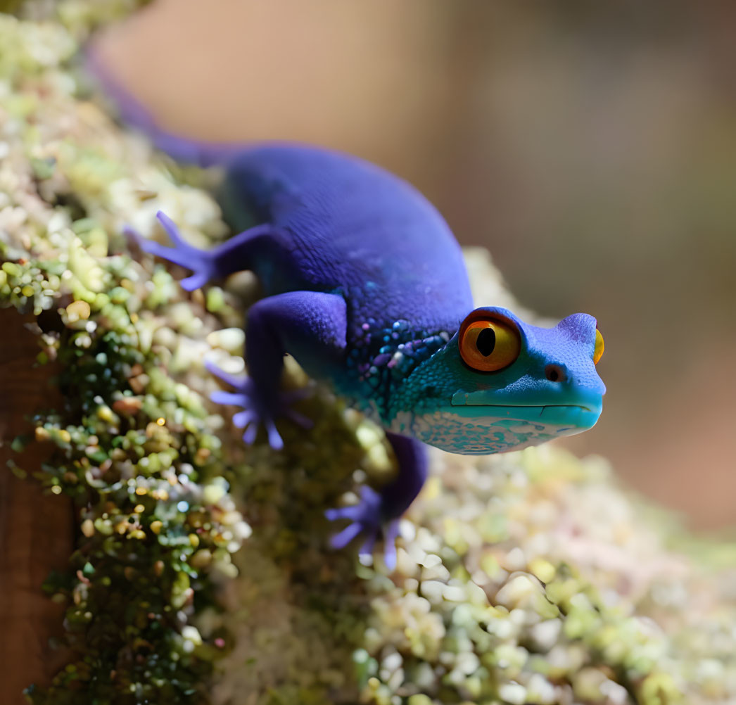 Vibrant blue gecko with orange eye on mossy surface