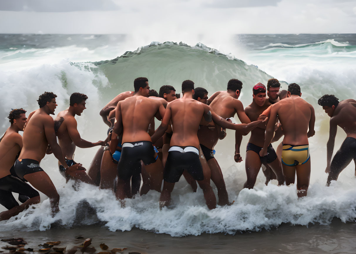 People in swimwear form circle on shore as wave approaches