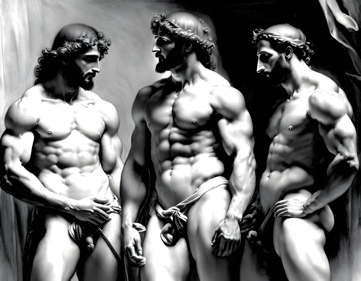 Classical-style sculptures of three thoughtful male figures with detailed anatomy.