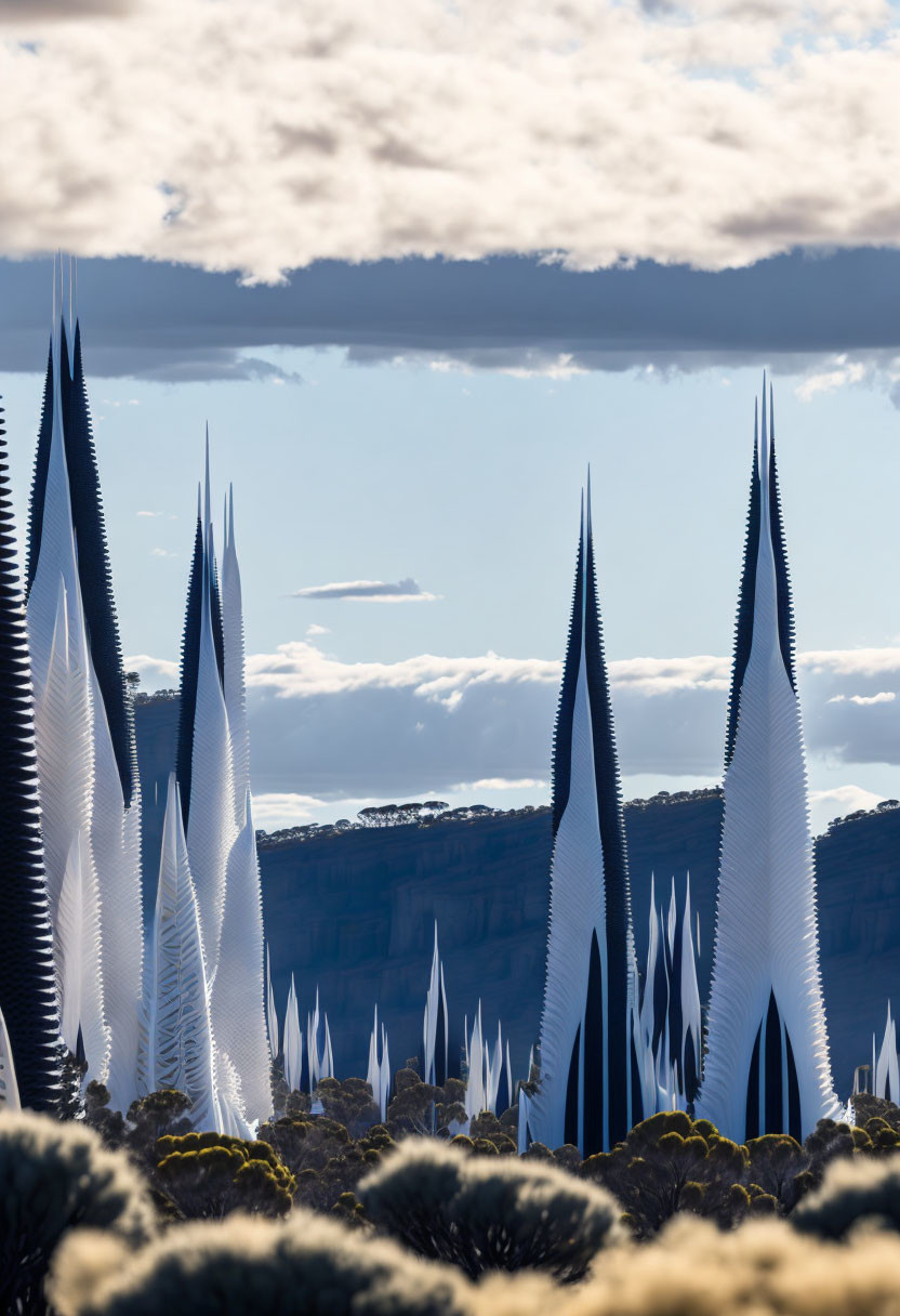 Surreal landscape featuring tall needle-like towers among clouds