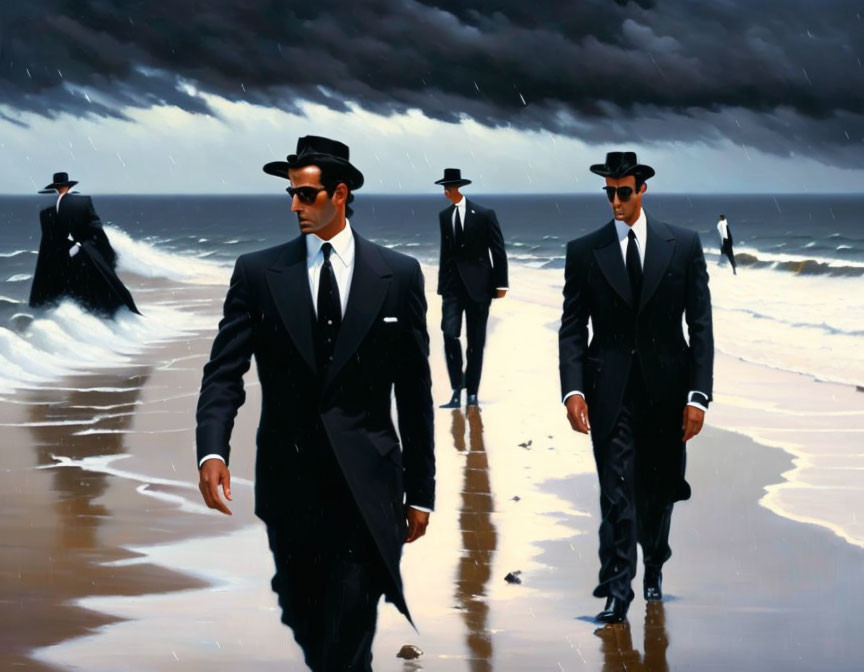 Four Men in Black Suits Walking on Beach Under Stormy Sky