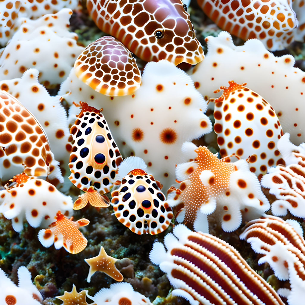 Colorful Underwater Scene: Starfish and Sea Slugs in Vibrant Orange, White, and