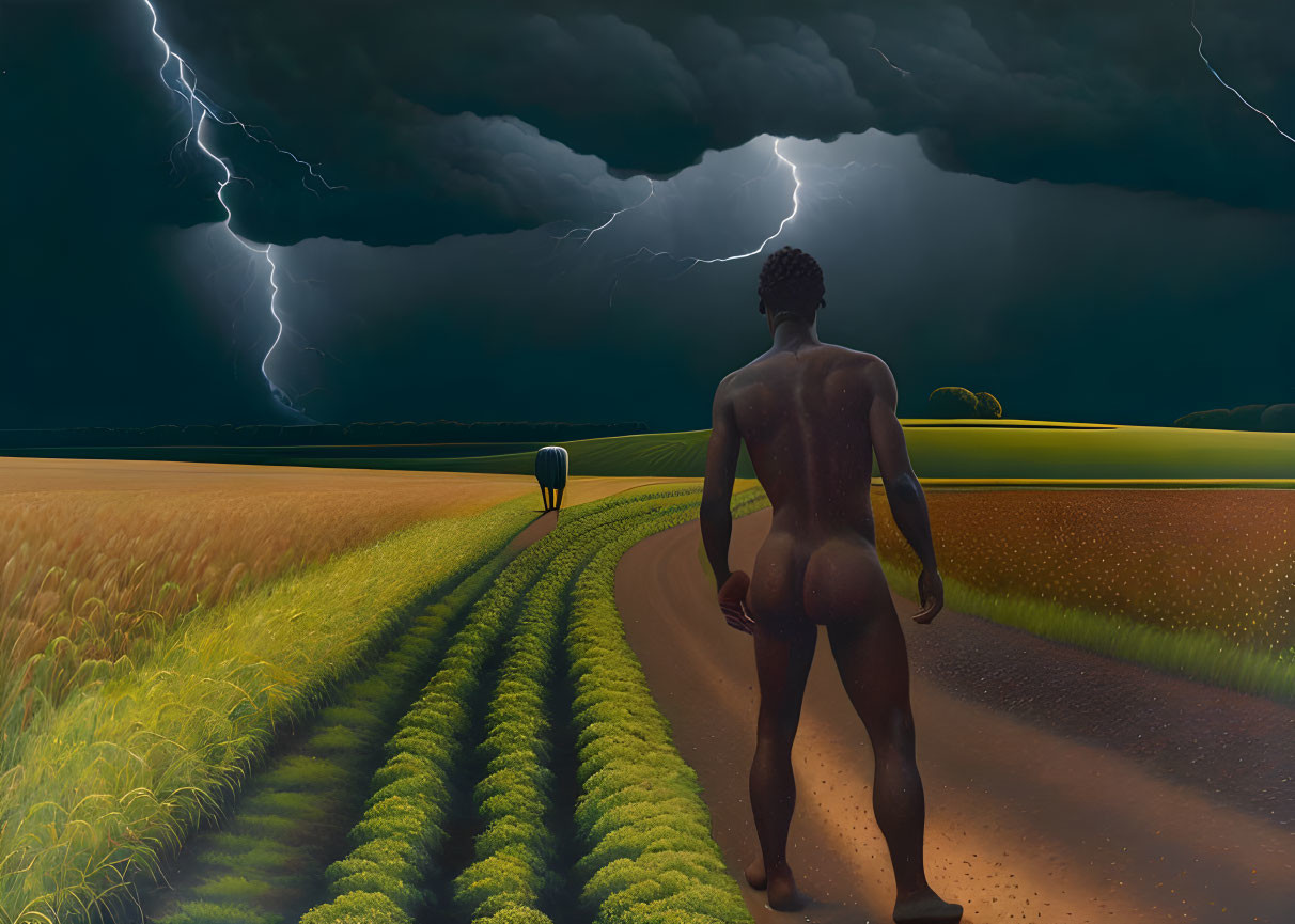 Naked person in surreal landscape with stormy sky and distant figure