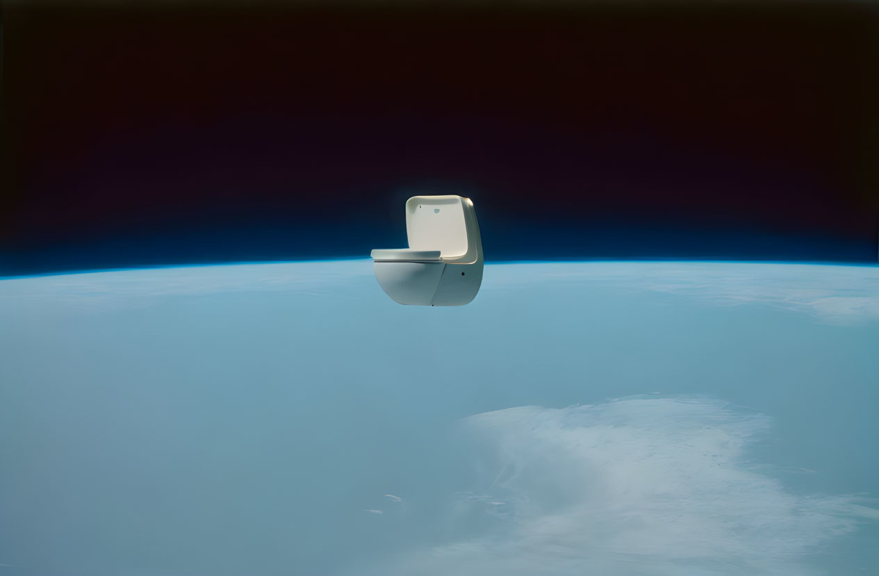 Spacecraft with solar panels above Earth showing planet's curvature in space.