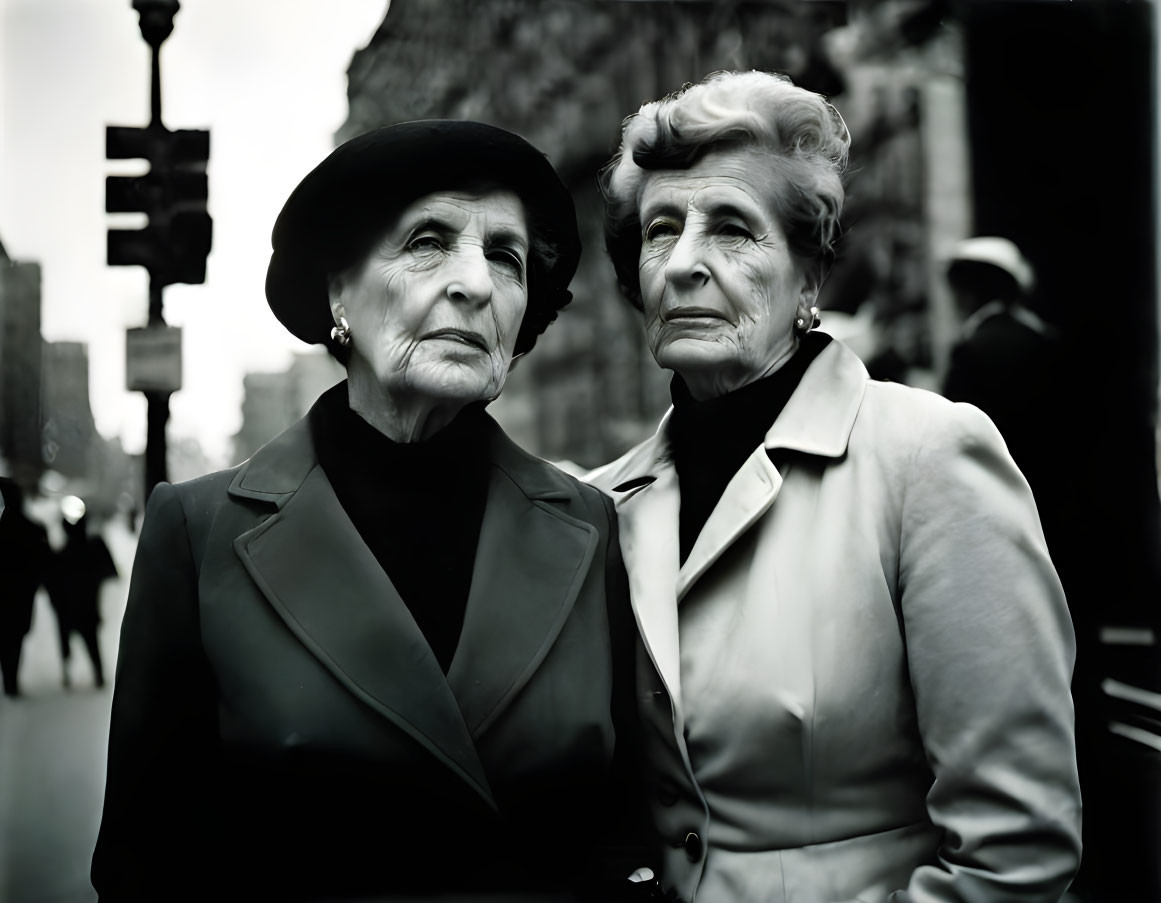 Elderly Women in Stylish Hats and Coats on City Street Corner