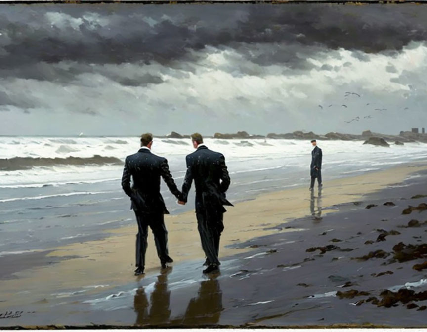 Men in suits walking on stormy beach with third man under dramatic cloudy sky