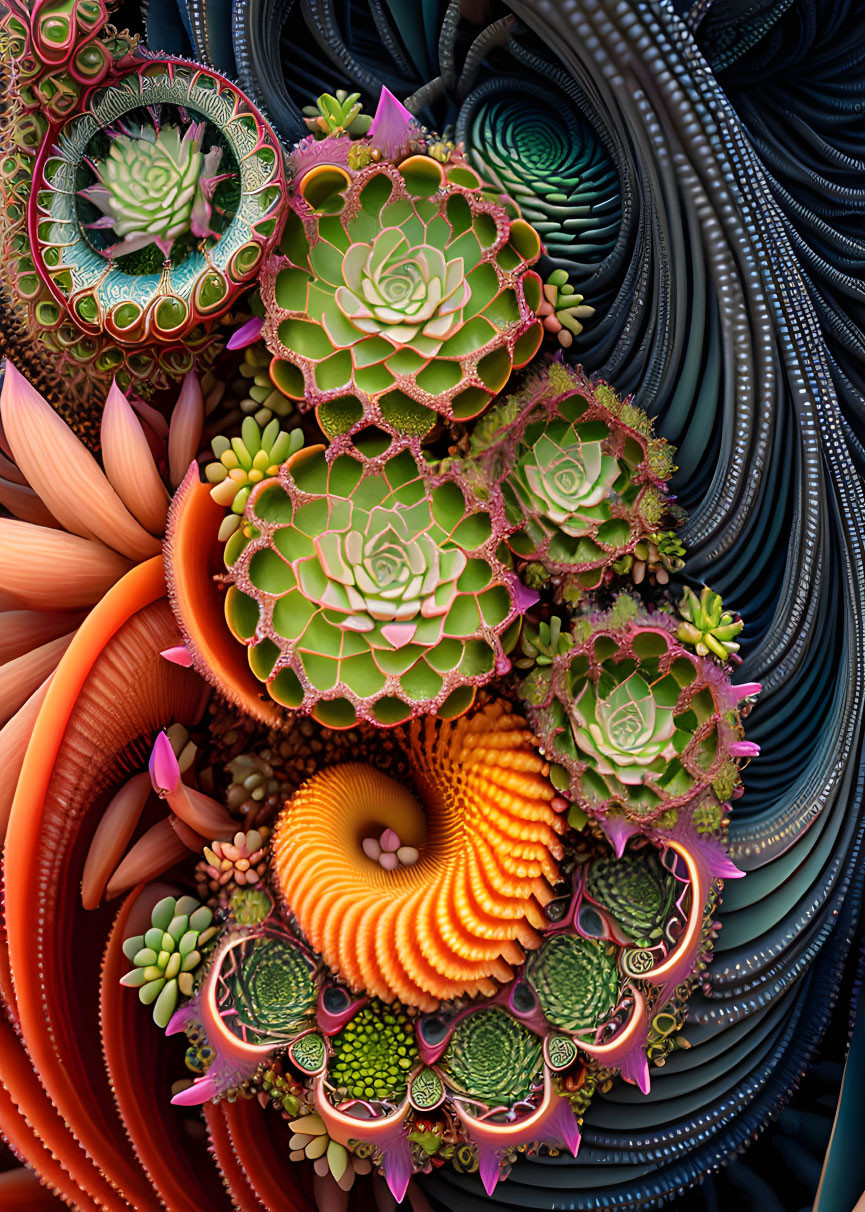 Colorful fractal patterns of succulents and plants in digital art