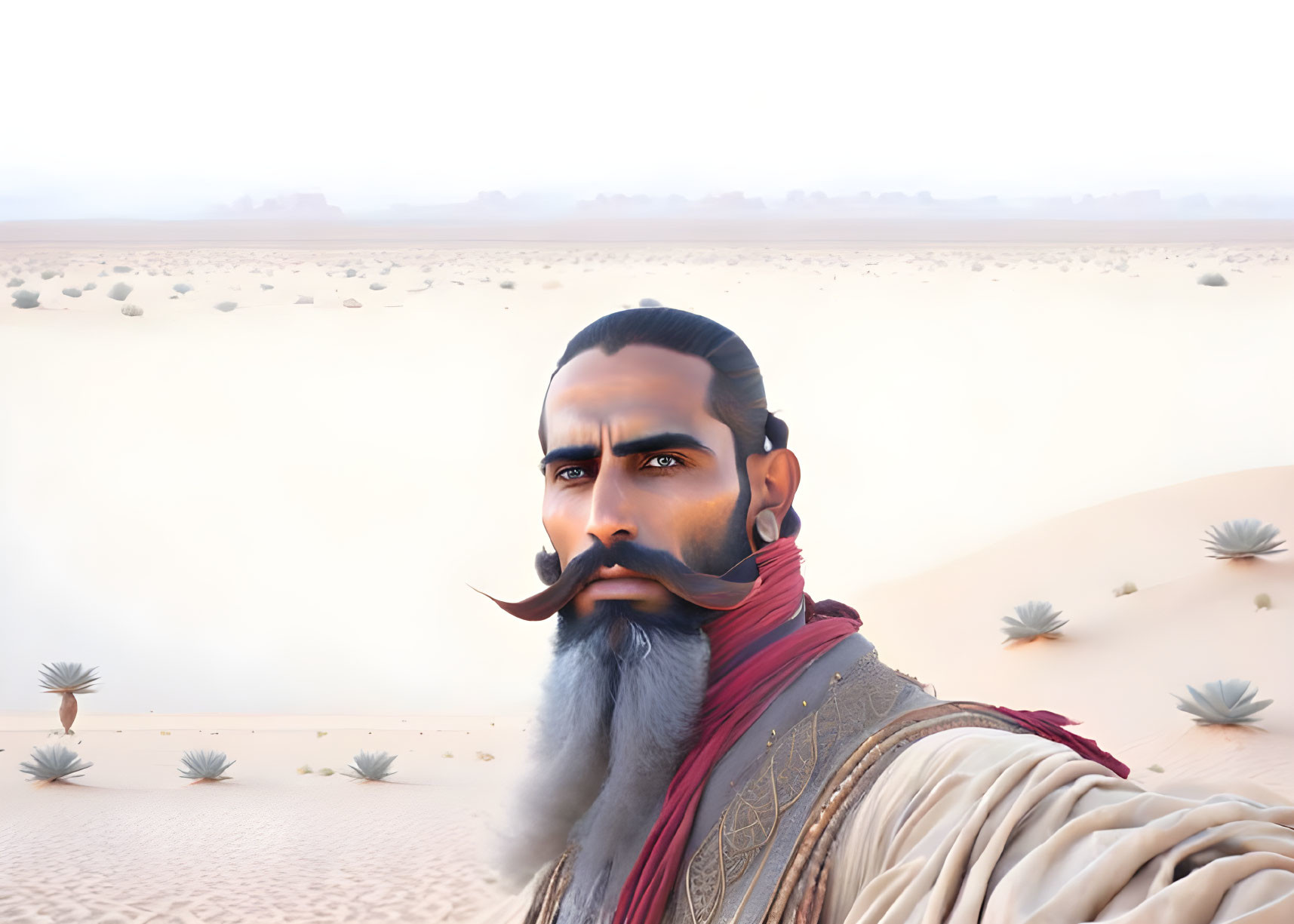 Illustrated character with beard and mustache in traditional attire in desert setting