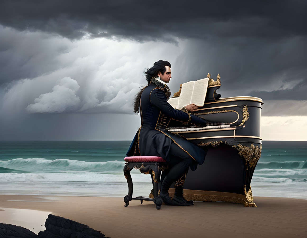 Historical figure playing grand piano on stormy beach