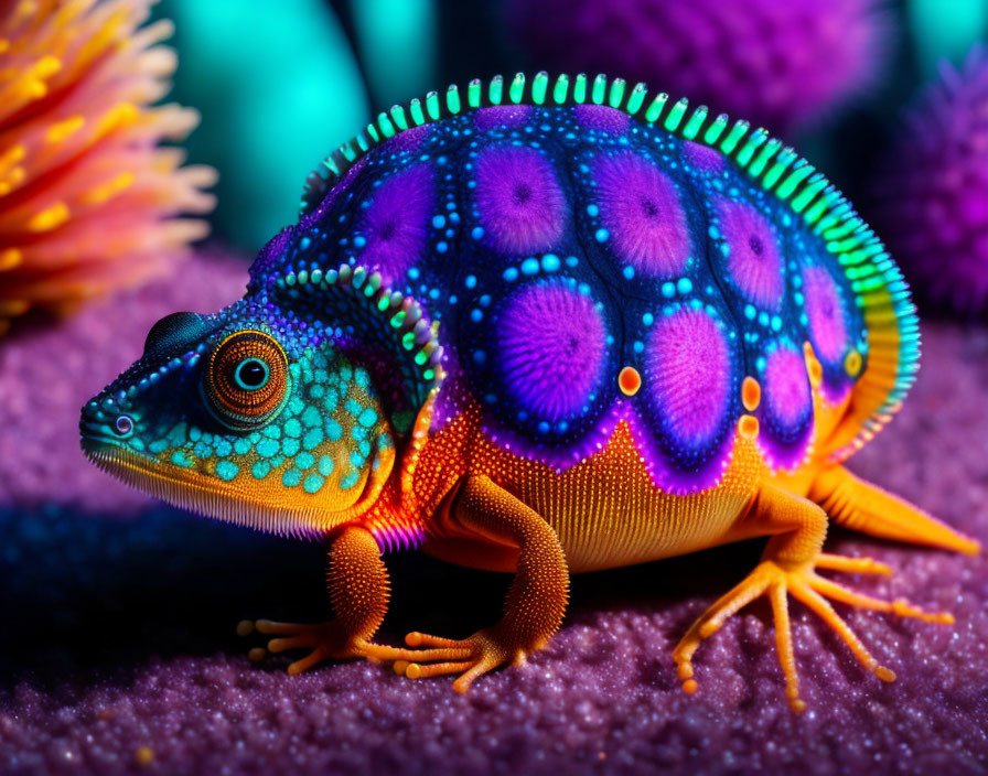 Colorful Digitally Altered Lizard on Purple Surface