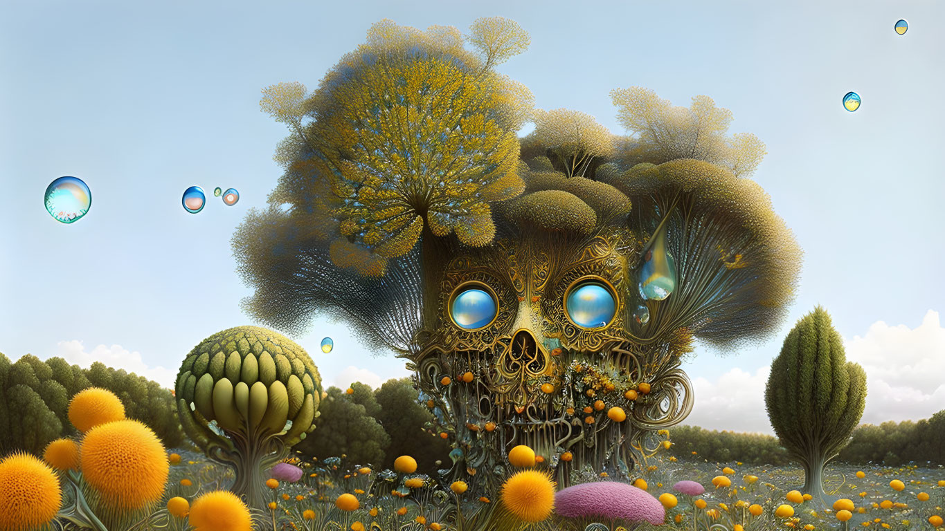 Whimsical surreal landscape with floating bubbles and organic structures