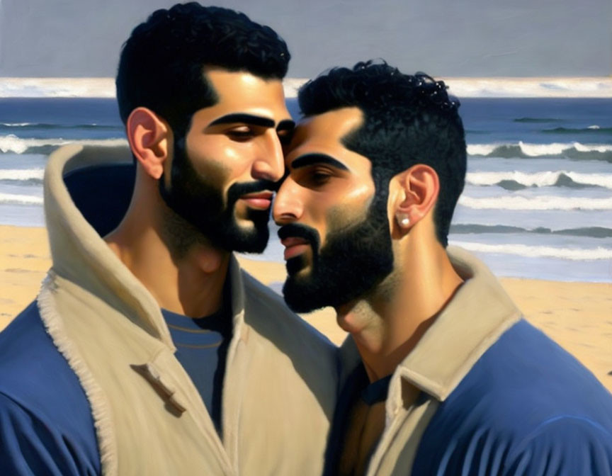 Men with beards in cream and blue jackets on beach with ocean and sky.