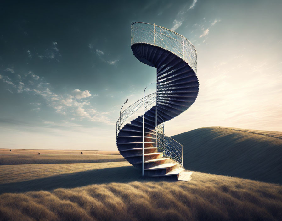 Spiral staircase in grassy field under dramatic sky