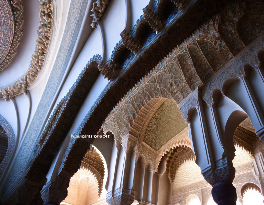 Intricate Islamic patterns on arched doorways in a Moorish palace