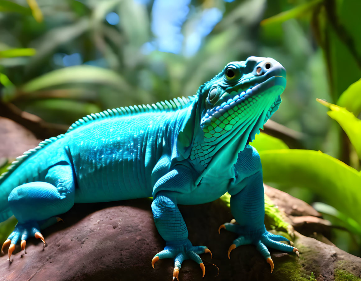 Striking blue iguana with crest in lush green foliage