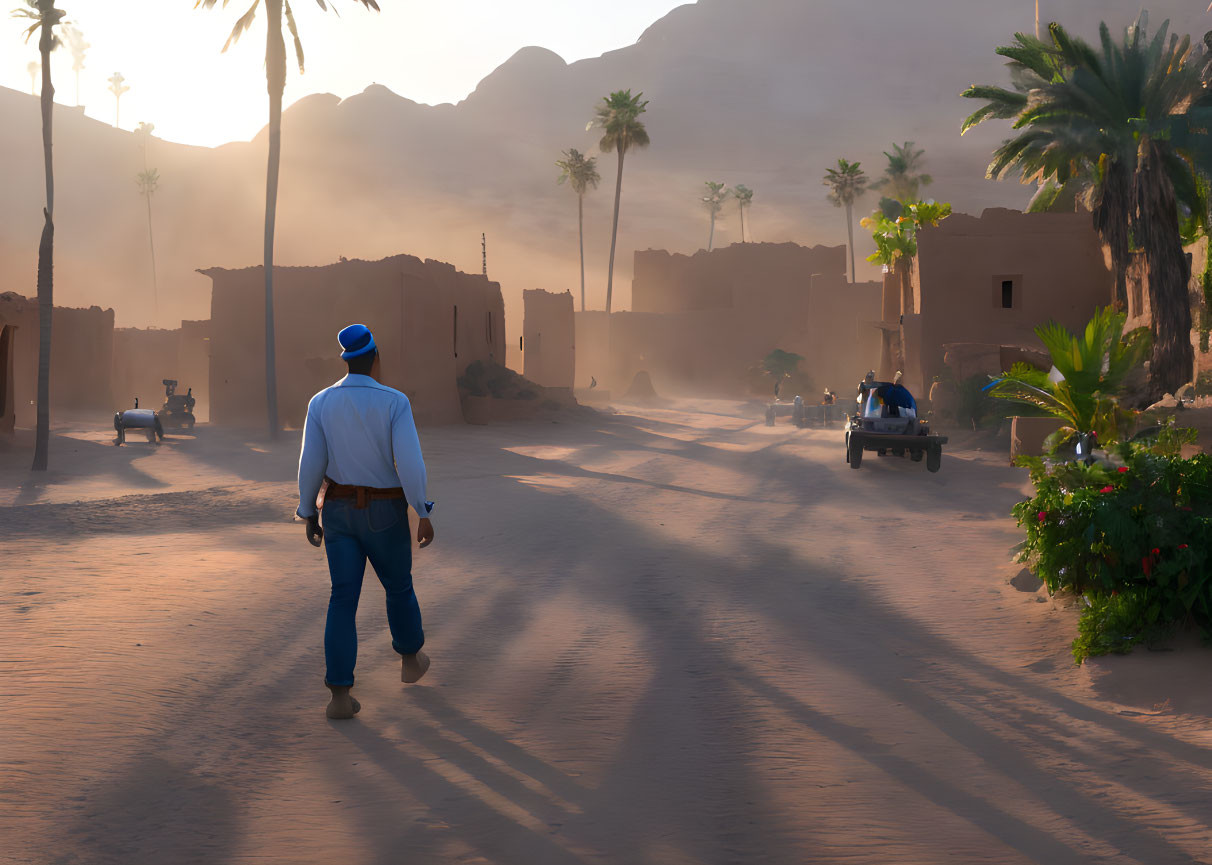 Person walking in sunlit desert village with palm trees and adobe buildings.