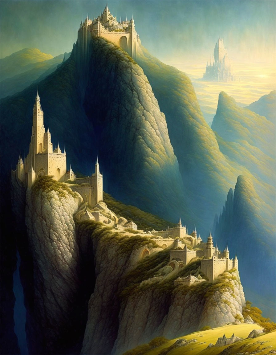 Majestic castles on rugged cliffs in misty mountain landscape