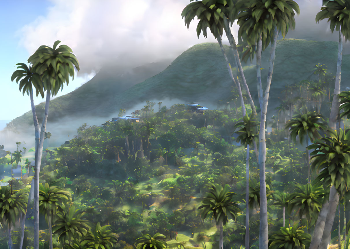 Tropical landscape with dense foliage, palm trees, and misty mountain.