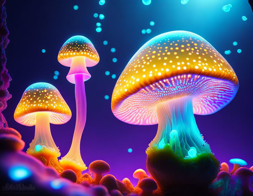 Luminous Neon-Colored Mushroom Art on Dark Background