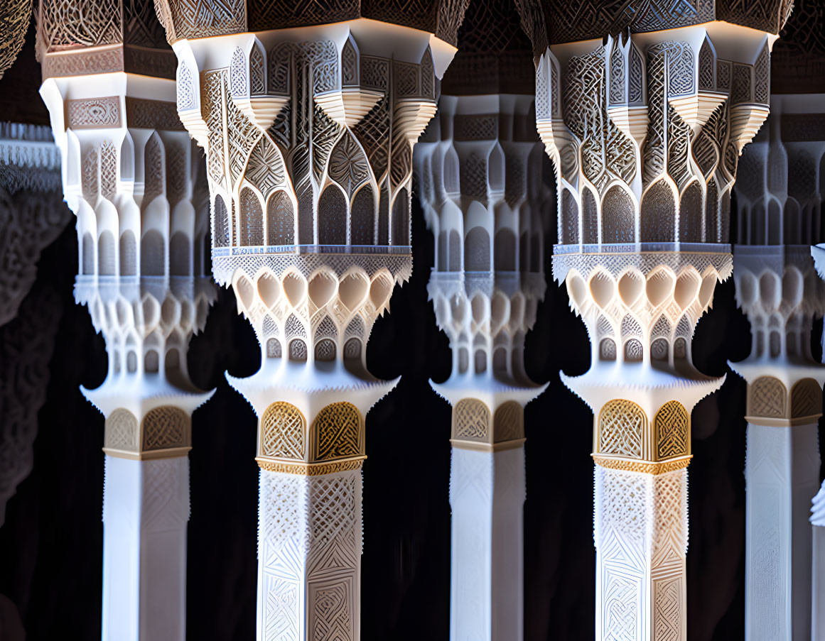 Geometric patterned pillars in Arabesque architecture under sunlight and shadow.