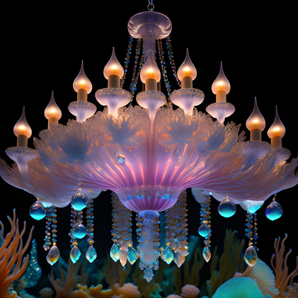 Glowing jellyfish-themed chandelier with crystal beads and coral reef background