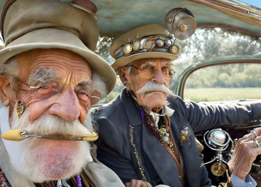 Elderly gentlemen in steampunk attire in vintage car