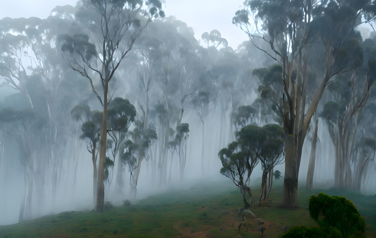 Misty Eucalyptus Trees in Serene Green Landscape