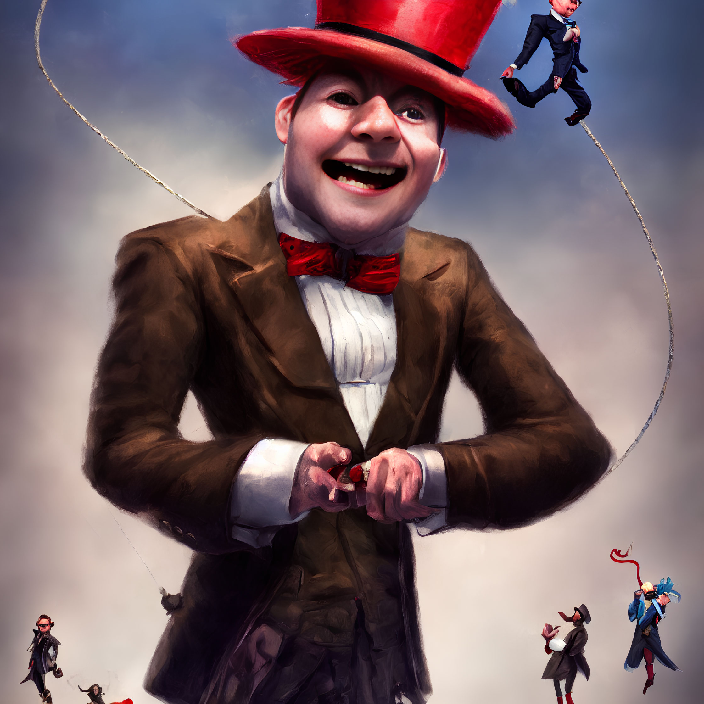 Man in red top hat controls suspended figures with strings