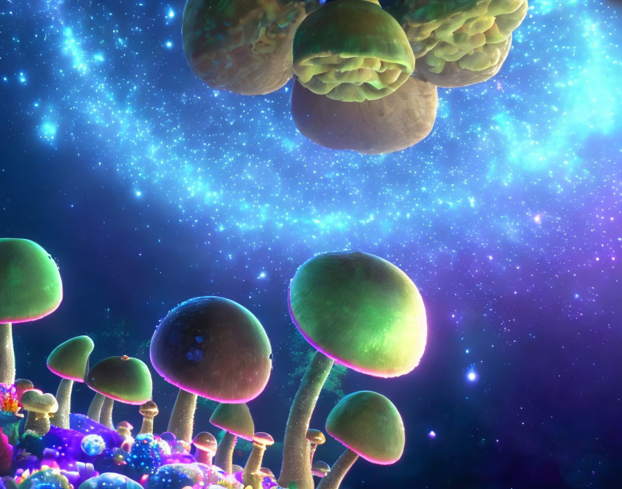 Surreal cosmic landscape with mushroom-like structures in starry nebula setting