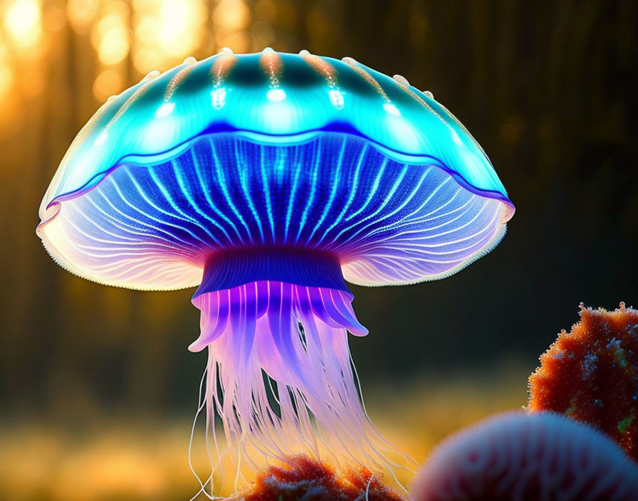 Vibrant blue and purple jellyfish in forest sunset scene