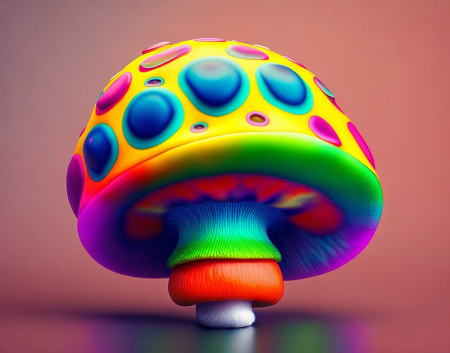 Colorful Digital Mushroom with Rainbow Gills on Soft-focus Background