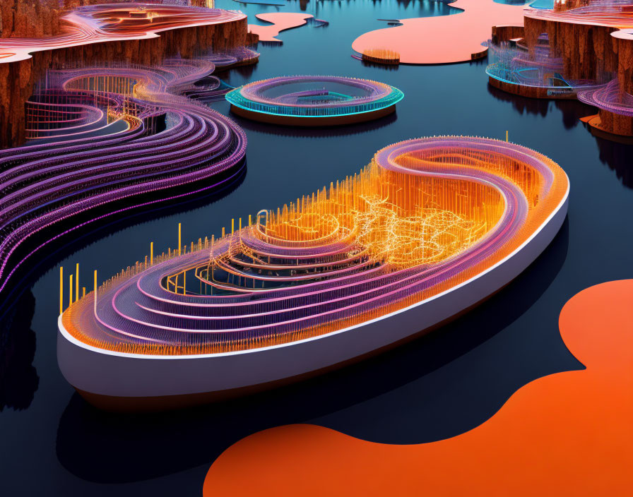 Abstract Neon Landscapes with Undulating Patterns on Reflective Surface